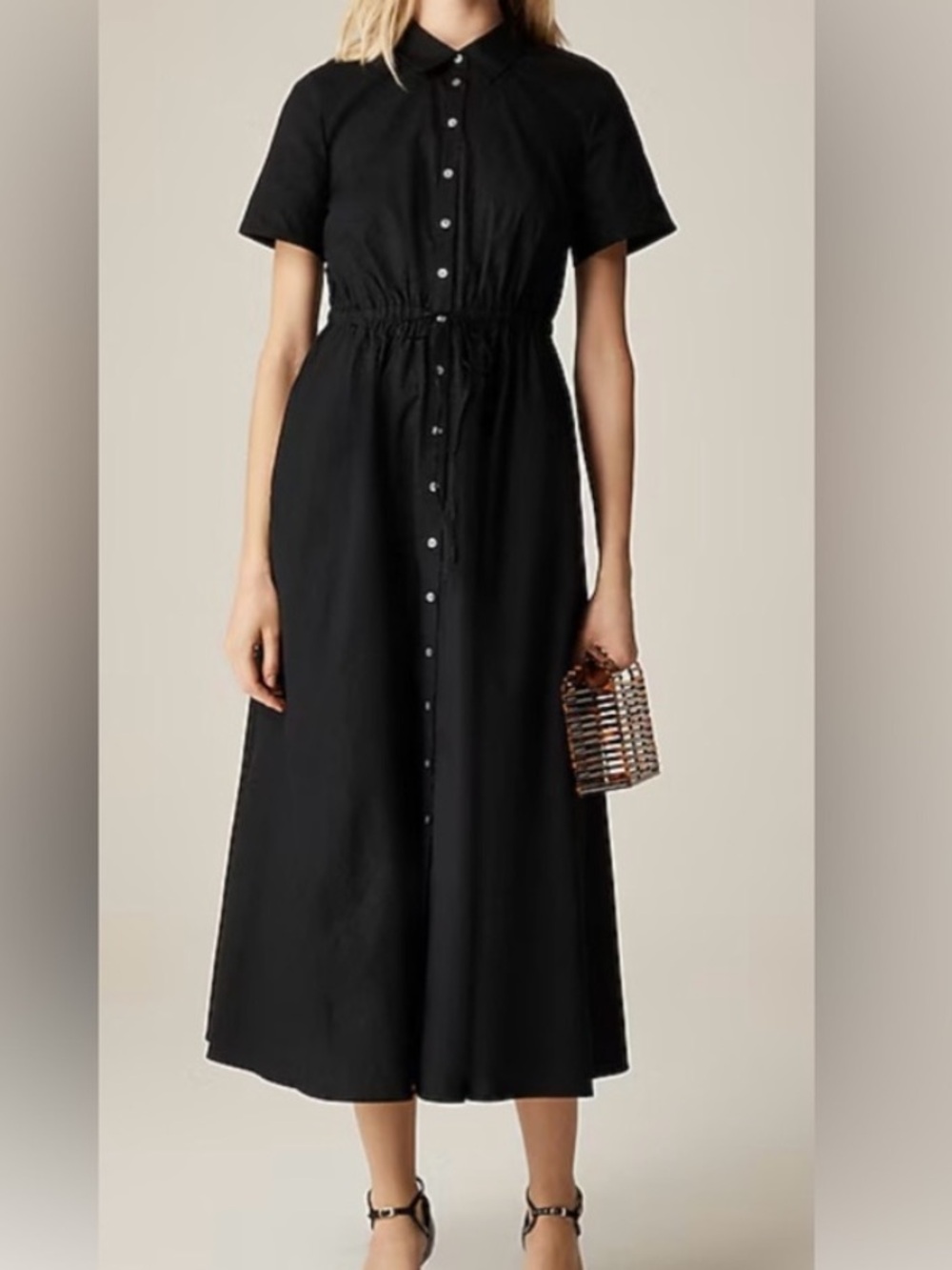J Crew Cerise Black Shirtdress Size 4 Cotton Button Down Tie waist Cinch - Picture 2 of 7